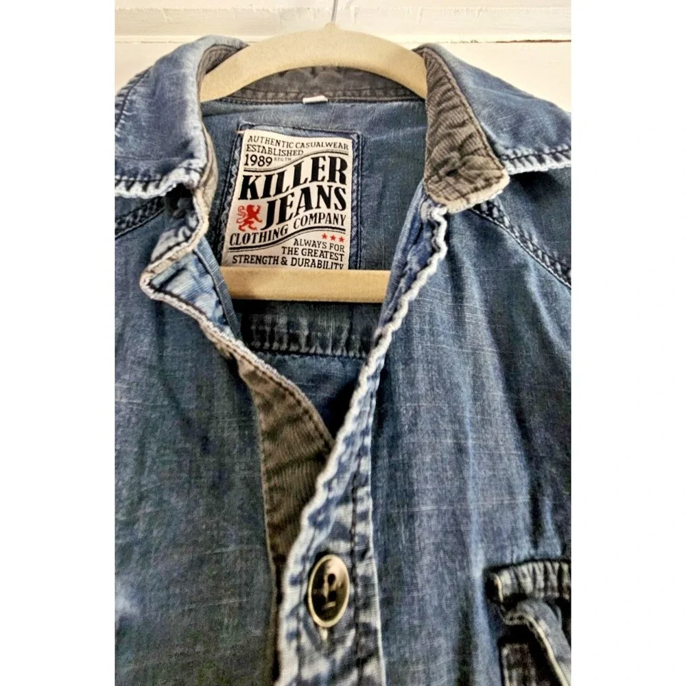 KILLER JEANS dark wash button up denim shirt dual‎ chest pockets Mens M